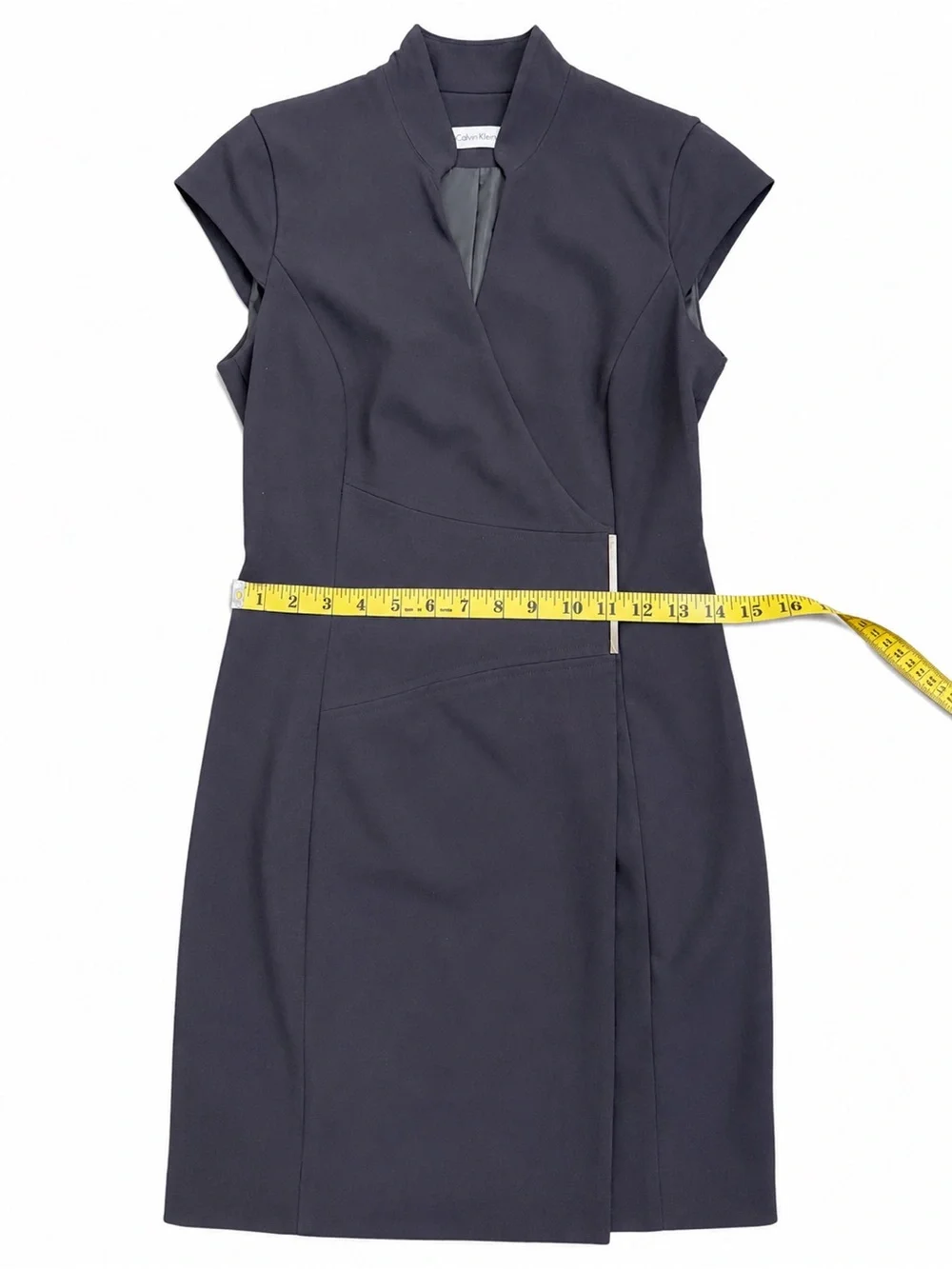 Calvin Klein (Carolyn Bassett) Style Navy Cap-Sleeve Wrap Sheath Dress Size - Picture 4 of 7